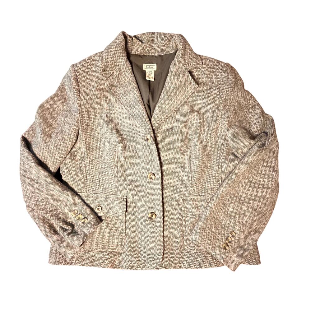 L.L. Bean Wool herringbone Blazer Tweed Green Large Jacket preppy